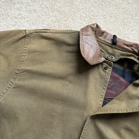 Vintage Woolrich Jacket Canvas Chore Khaki Aztec Plaid Lined 90s Leather Collar - Picture 13 of 16
